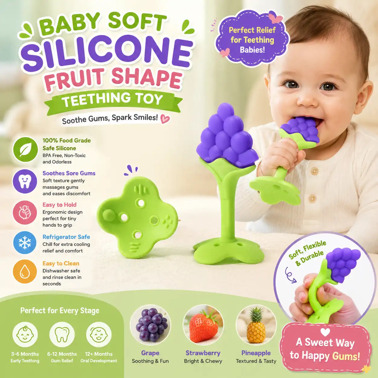 Baby Soft Silicone Fruit Shape Teething Toy