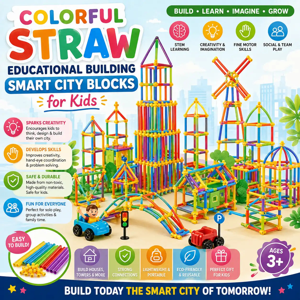 Colorful Straw Educational Building Smart City Blocks for Kids