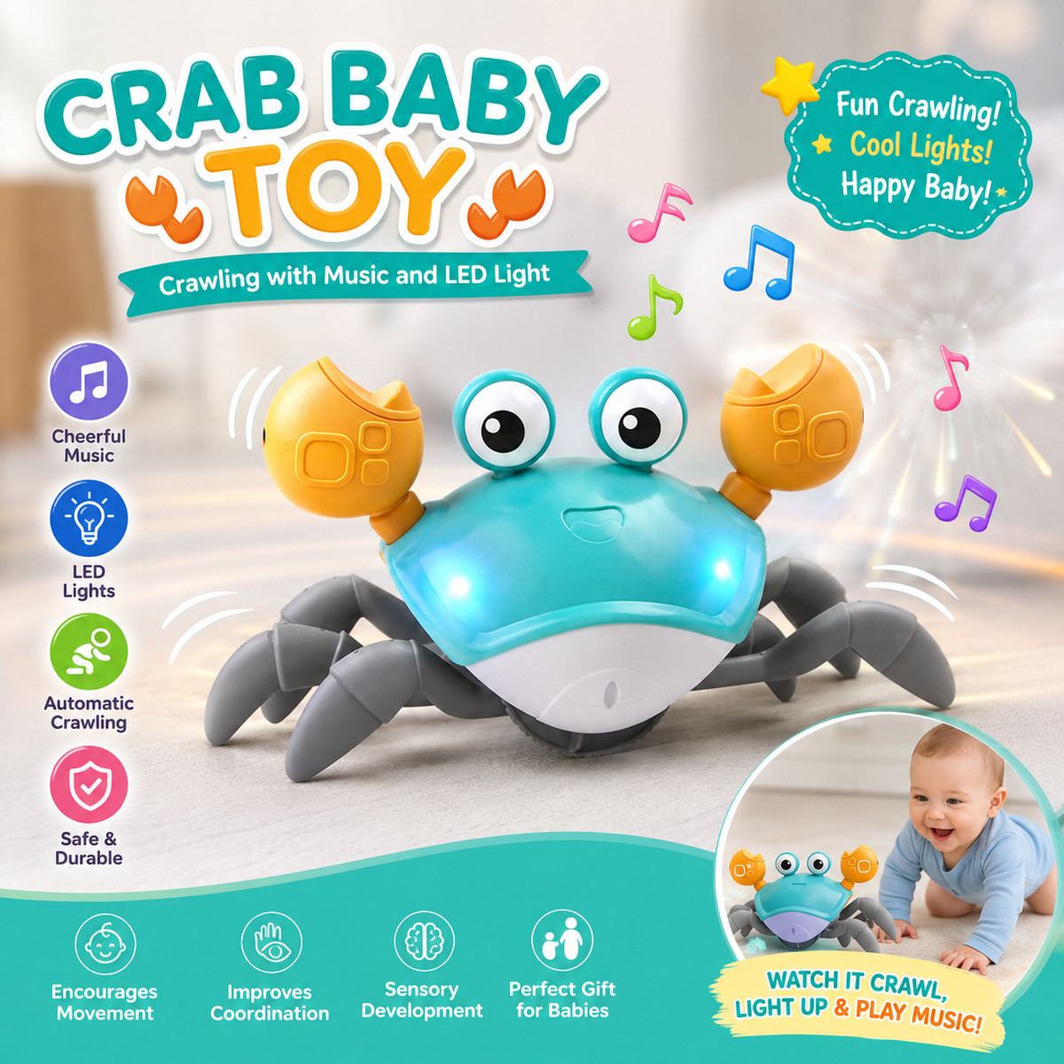 Crab Baby Toy Crawling with Music and LED Light
