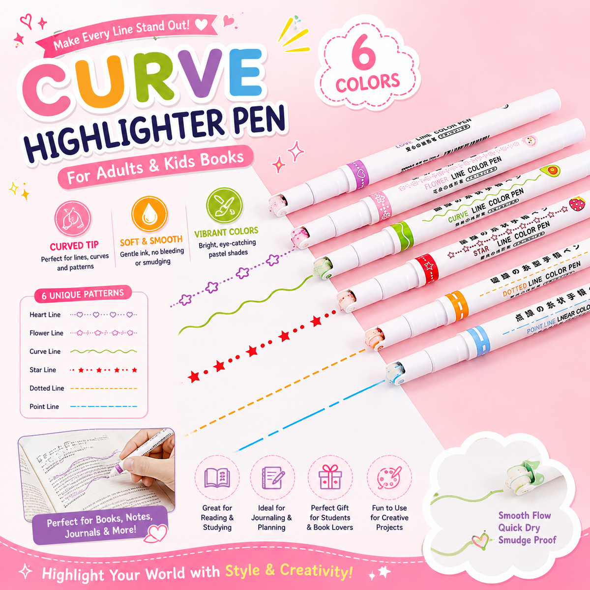 Curve Highlighter Pen For Adults & Kids Books