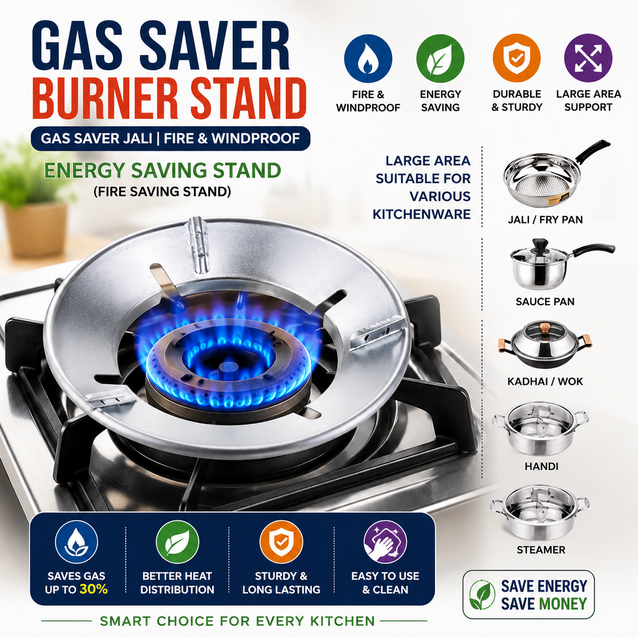 Gas Saver Burner Stand Gas Saver Jali Home Gas Stove Fire & Windproof Energy Saving Stand (Fire saving stand)