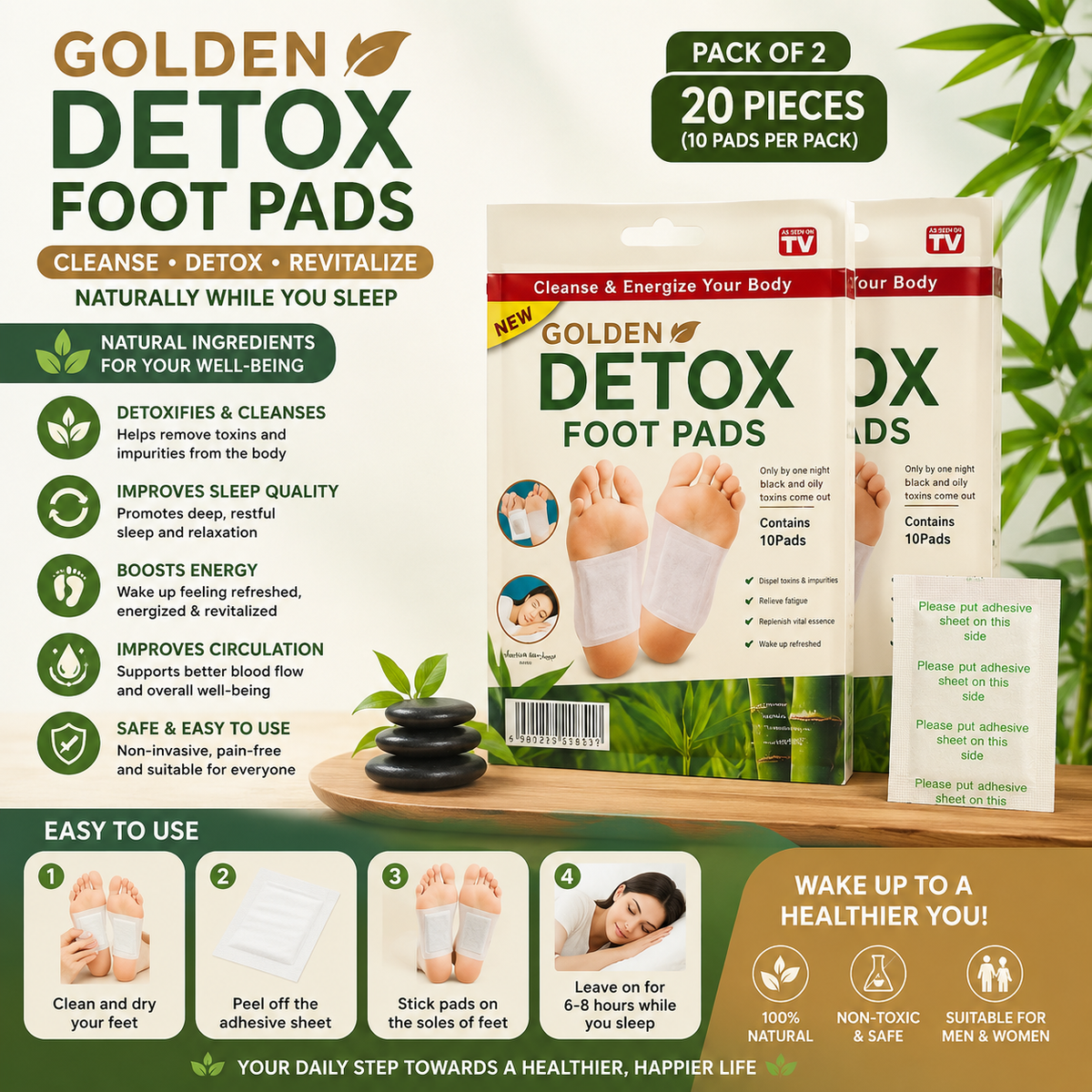 Golden Detox Foot Pads (Pack of 2) (20 Pieces)