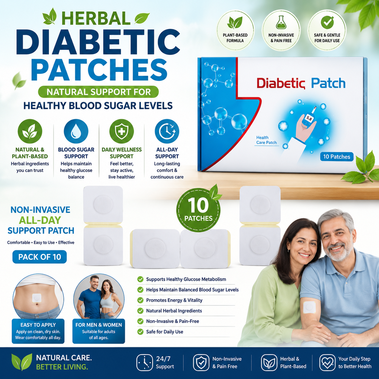Herbal Diabetic Patches for Blood Sugar Support | Natural Plant-Based Diabetes Care | Daily Wellness Support | Non-Invasive All-Day Support Patch | Men & Women (Pack of 10)