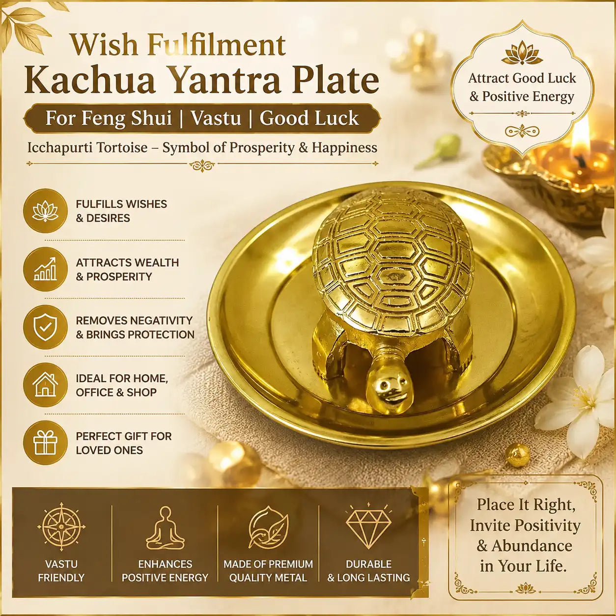 Wish Fulfilment Kachua Yantra Plate for Feng Shui Vastu and Good Luck Icchapurti Tortoise