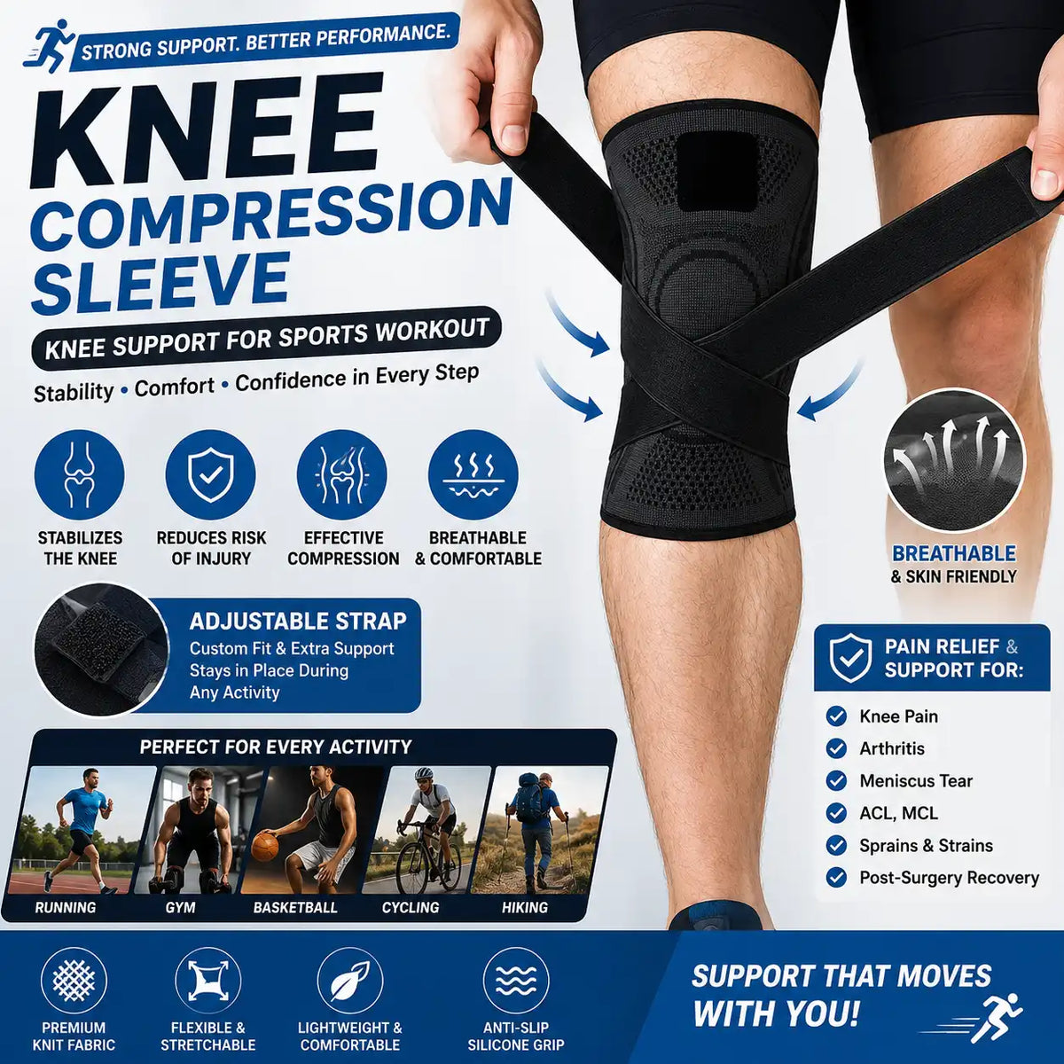 Knee Compression Sleeve, Knee Support for Sports Workout (Pack of 1)